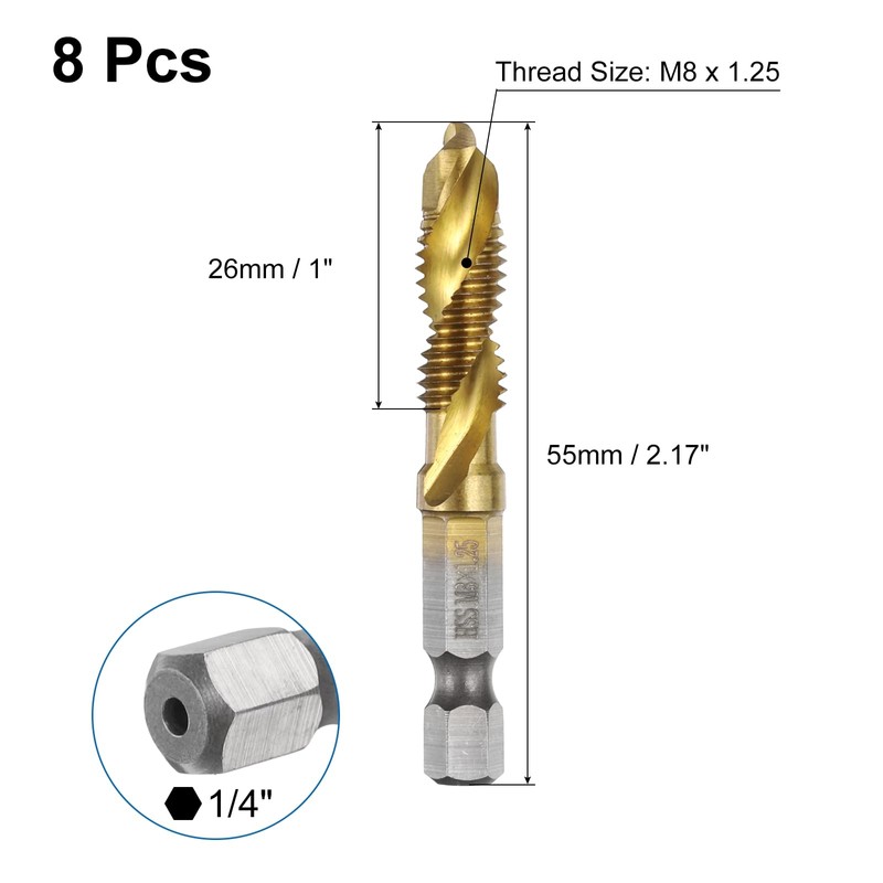 sourcing map 8pcs Combination Drill and Tap Bits Metric M8