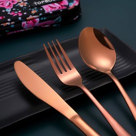 Travel Utensils,Reusable Silverware Set to Go Portable Cutlery Set with a Waterproof Carrying Case for Lunch Boxes Workplace Camping School Picnic (FlowerCase/Rosegold)