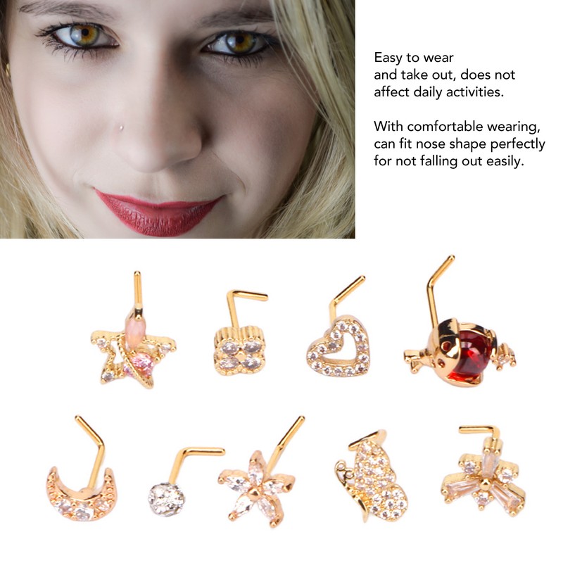 9pcs Nose Studs Set Golden Stainless Steel L Shape Shiny