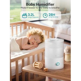 FOHERE Humidifier for Bedroom Baby, 3.2L Top Fill Cool Mist Humidifiers for Nursery, Home, 28H Ultra Quiet Runtime, Auto Shut-Off, Soft 7-Color Night Light, BPA-Free, Essential Oil Tray, White