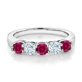 Gem Stone King 925 Sterling Silver Red Created Ruby and Sky Blue Aquamarine 5-Stone Wedding Anniversary Band Ring For Women (1.09 Cttw, Gemstone July Birthstone, Available In Size 5, 6, 7, 8, 9)
