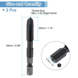 uxcell 2pcs Straight Flute Thread Tap, M8 x 1.25 Metric Thread 1/4" Hex Shank Screw Threading Tapping Tool Thread Milling Machine Taps, High-Speed Steel 6542 (HSS 6542)