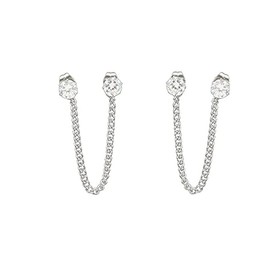 CZ Double Piercing Tassel Chain Drop Small Stud Ear Cuff Earrings for Women Girls Stainless Steel Minimalist Threader Crawler Climber Cartilage Jewerly (5mm CZ, Silver)