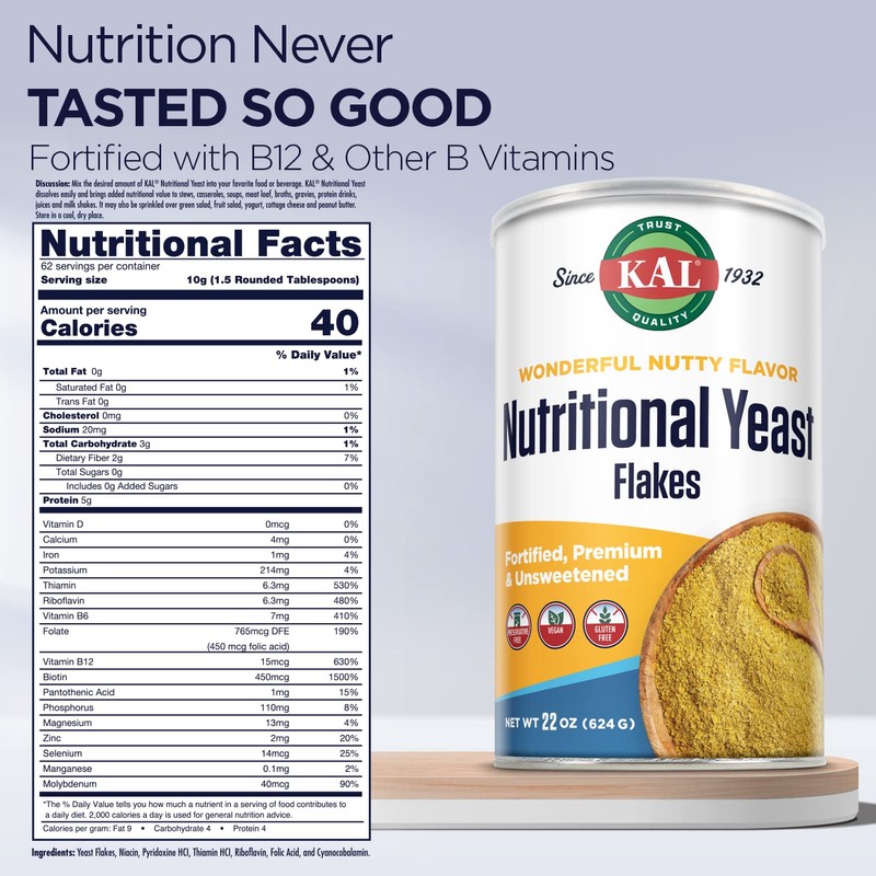 KAL Nutritional Yeast Flakes, Fortified with B12, Folic Acid &