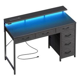 Huuger Gaming Desk with 6 Drawers, Computer Desk with LED Lights Power Outlets and Type-C, 39 Inch Office Desk with Storage, Monitor Stand, Writing Desk Work Desk Home Office, Bedroom, Study, Black