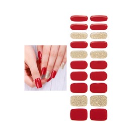 Yekafue Gel Nail Strips 20 Pcs Wraps - Red Gold Glitter, Easy Apply Gel Nail Stickers Long Lasting, Salon-Quality, 2 Prep Pads, 1 File, 1 Wooden Stick, UV Light Required