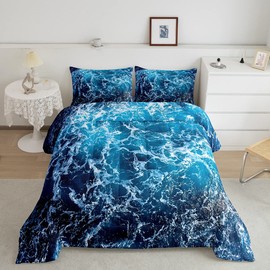 Erosebridal Blue Waves Comforter Set Queen Size Ocean Sea Bedding Summer Theme Print Bedding Comforter Sets Marine Water Grain Nautical Quilt with 1 Pillow Case