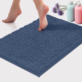 LuxUrux Bath Mat-Extra-Soft Plush Bath Shower Bathroom Rug, Super Absorbent Shaggy Bath Rug. Machine Wash & Dry, Medium Blue, 24'' x 17''.