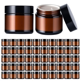 Ytuaebni 50ml Glass Jars With Lids, 50 Pcs Amber Containers With White Inner Liners & Glossy Black Caps for Cream Lotions Powders Ointments Sample & Candle Small Making (1.7oz Small Bottles)