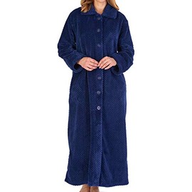 Slenderella Ladies Button Up Dressing Gown Soft Waffle Fleece Ankle Length Bath Robe XXL (Navy)