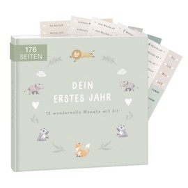 mintkind® Baby Album 'Mein Erstes Lebensjahr', Sage + Sticker Set | Baby Photo Album to Design Yourself | Baby Gift for Girls and Boys | Fill-in Baby Book | Baby Diary (German Language)