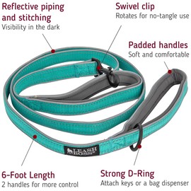 Leashboss Double Handle Dog Leash, 6 Ft Reflective Dog Leash with Two Padded Handles for Large Dogs or Medium Dogs That Pull (Aqua)