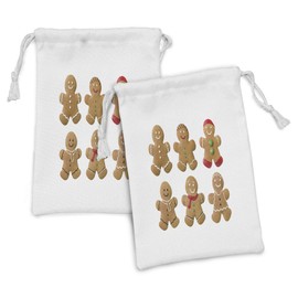 Ambesonne Gingerbread Man Fabric Pouch Set of 2, Vivid Homemade Biscuits Sugary Xmas Treats Tasty Pastry, Small Drawstring Bag for Toiletries Masks and Favors, 9" x 6", Pale Brown Red Green