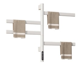 SEHAUSEU Tower Warmer Rack, 4 Bars Wall Mounted Electric Heated Towel Rack with Timer and Multi-Stage Temperature Regulation, Hard-Wired & Plug in (White)