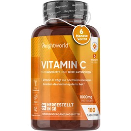 Vitamin C 1000 mg per Tablet - Skin, Immune System, Metabolism, Bones, Cartilage, Teeth (EFSA) - 180 Vegan Tablets for 6 Months - Vit C Ascorbic Acid with Bioflavonoids, Rosehip - WeightWorld