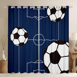 Football Curtains for Bedroom Living Room (2 Panels, 42 x 63 Inch) Kids Soccer Ball Pattern 30%-50% Blackout Curtains Boys Girls Teens Sports Theme Darkening Drapes Football Court Window Treatments