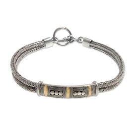 NOVICA Artisan Handcrafted Sterling Silver Bracelet Gold Accent Pendant Indonesia [7.25 in L x 0.4 in W] ' Puri Naga'