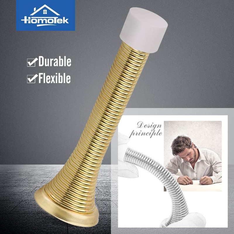 Bright Brass Spring Door Stopper with Rubber Bumper – Baseboard