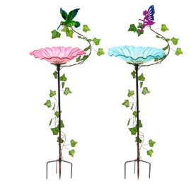 MUMTOP Bird Baths for Outdoors, 2 Pack Glass Bird Bath Stake, Hummingbird and Fairy Birdbaths & Support with Leafs, Bee Baths for Garden, Outside, Lawn, Outdoor Decor (Blue,Pink)