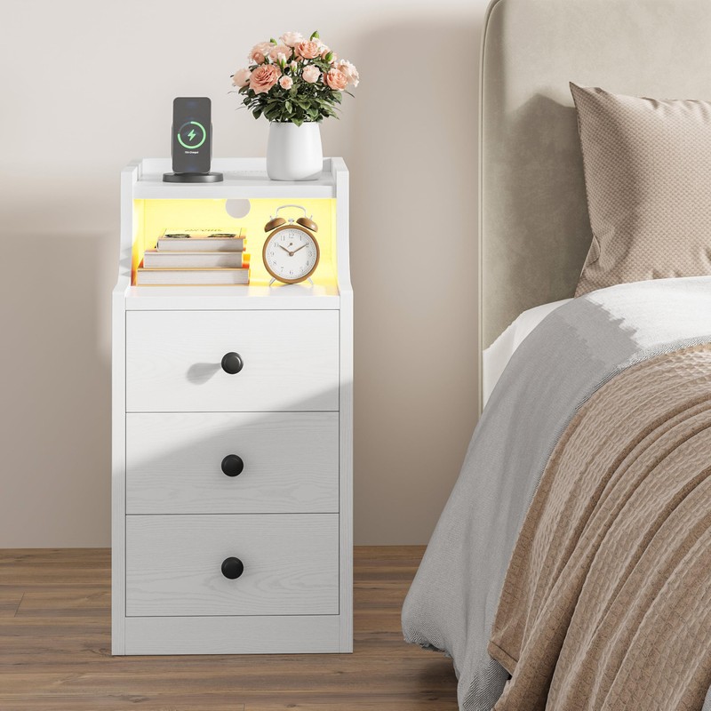 LIKIMIO Narrow Nightstand with Charging Station and LED Lights, Modern