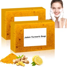 2PCS Jabon de Curcuma para Aclarar, Jabon de Curcuma Facial, Jabón Turmeric Soap, Jabón de cúrcuma para Rostro y Cuerpo, Barra Exfoliante para Aclarar Piel, Hidratante, Suave y No Lrritante, Adecuado para Reducir Imperfecciones, Acné y Manchas Oscuras