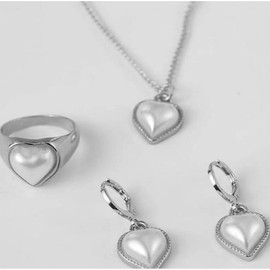Pearl Heart Necklace and Earring Rings Set 3PCS Pearl Jewelry Set Necklace Bracelet Rings Set for Includes Dainty Bracelet Necklace Ring Birthday Heart for Best Friend（Silver）