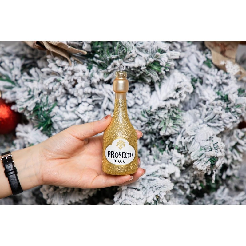 Blown Glass Prosecco Wine Bottle Ornament and Wine Glass Ornament