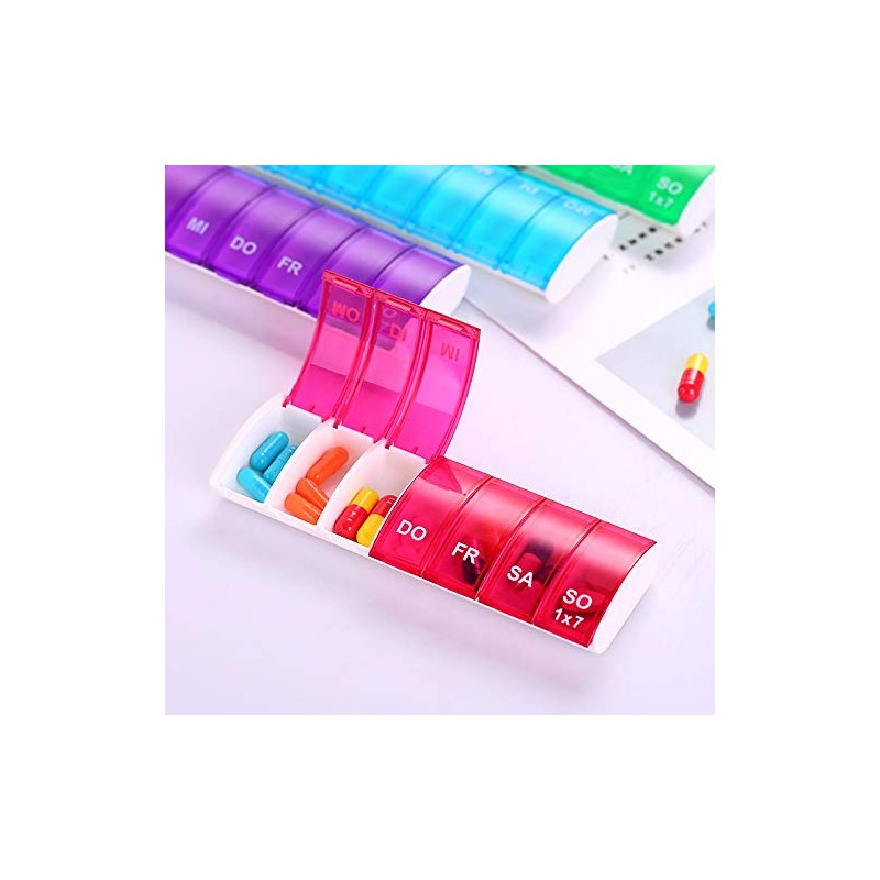 (Purple) Multi-Colored Weekly Pill Storage Container with 7-Grid Design, Ideal