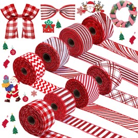 8 Roll 2 Inch 80 Yard Christmas Red and White Wired Ribbon Plaid Buffalo Ribbon Striped Fabric Ribbons Gift Wrapping Ribbon Christmas Decoration for Home Tree Xmas Wreath Bow DIY Craft