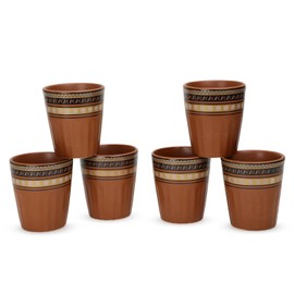 Handmade Cantaritos de Barro Ceramic Tea Cups Set – 6 Desi Kulhad Chai/ Coffee (5 oz Capacity), Lead-Free, Dishwasher & Microwave Safe, Glazed, finish Clay Tea/ kulhar/ kullar - Brown Rangoli desgin
