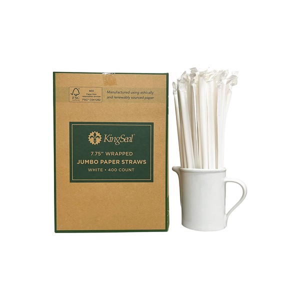 Kingseal Disposable PAPER Drinking Straws, FSC Certified, Paper Wrapped, WHITE, 7.75 Inch Length x 6mm Diameter, Jumbo" Size, Biodegradable, Earth Friendly - 4 Boxes of 400 Straws (1,600 Count)