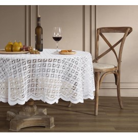 HLC.ME Sedona Lace Fabric Tablecloth, Lace Fabric Table Cloth for Round Tables, Wrinkle Resistant Tablecloth, Patterned Scalloped Tablecloth (70 Round, White)