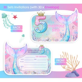 VAVINCI Mermaid Birthday Invitations, 5th Birthday for Girls Kids, Pink Mermaid Pool Party Invites, 30 Sets with Envelopes