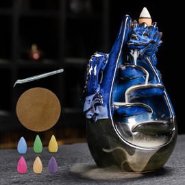 HaisWonsa Dragon Incense Burner - Ceramic Backflow Waterfall Burner with Dragon Smoke Fountain, Incense Holder, Cones & Tweezer & Fire Mat for Aromatherapy/Yoga/Home/Office Deco