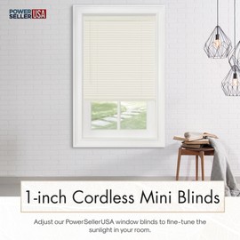 PowerSellerUSA 1" Slats Cordless Window Blinds, 64L x 26W Inches Solid Pattern Light Filtering Vinyl Indoor-Outside Ceiling Mount Mini Blind, Manual Cordless Rollup Window Privacy Blinds, Alabaster