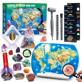 Woumserta World Map Gemstone Dig Kit - Gem Rocks Toys for 6 Year Old Boys and up, Fossil Dig Toy for Rocks Collection, Digging Gifts for Boys Girls Kids, Rocks Excavation Kit for Kids Birthday Gift