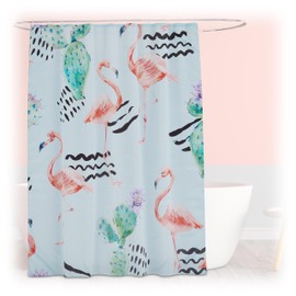 Relaxdays Flamingo Shower Curtain, 180 x 200 cm, Anti-Mould, Washable, 12 Rings, Bath Curtain, Multicoloured