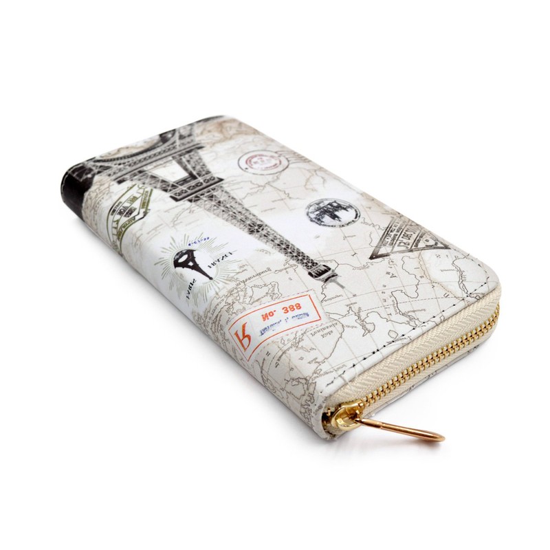 Premium Eiffel Tower & Map Print PU Leather Long Continental