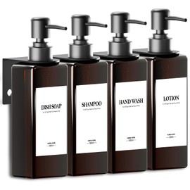 Set of 4 Wall Mounted Soap Dispensers, 500 ml, Brown Soap Dispenser, Bathroom, No Drilling, Plastic Shower Dispenser with Funnel and Waterproof Labels, Shampoo Dispenser for Kitchen, Bathroom