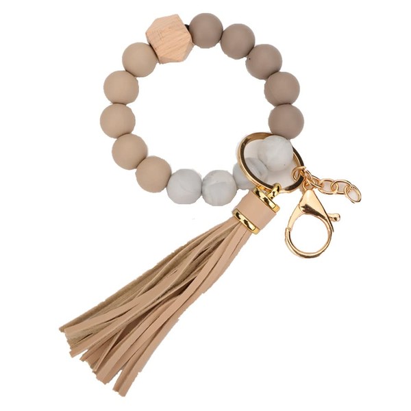 Sither Silicone Keychain Ring for Women Cute Keyring Bracelet Bangle with Tassel Car Keychain Holder for Mom Gift (khaki)