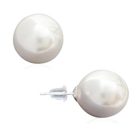 YING LAN 925 Sterling Silver Simulated Shell Pearl Earrings for Women,Classic Round Large Ear Studs White