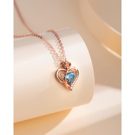 Calliora Heart Birthstone Necklace for Women, 925 Sterling Silver Rose Gold Pendant Fine Jewelry for Christmas Valentines Anniversary Day March Birthday Gifts for Her Mother Wife