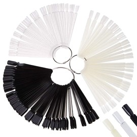 Qioly 3 Set Total 150 Tips, Fan-shaped False Nail Swatch Sticks with Ring, for Nail Art Color Display/Polish Practice, Clear + Beige + Black