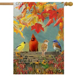Fall Cardinal House Flag 28x40 Inch Double Sided for Outside, Large Burlap Autumn Yard Flag with Colorful Birds and Maple Leaves for Outdoor Thanksgiving Autumn Decoration