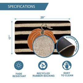 Artoid Mode Watercolor Stripes Pumpkin Decorative Doormat, Fall Seasonal Harvest Thanksgiving Vintage Rustic Low-Profile Yard Floor Mat Switch Mat for Indoor Outdoor 17 x 29 Inch