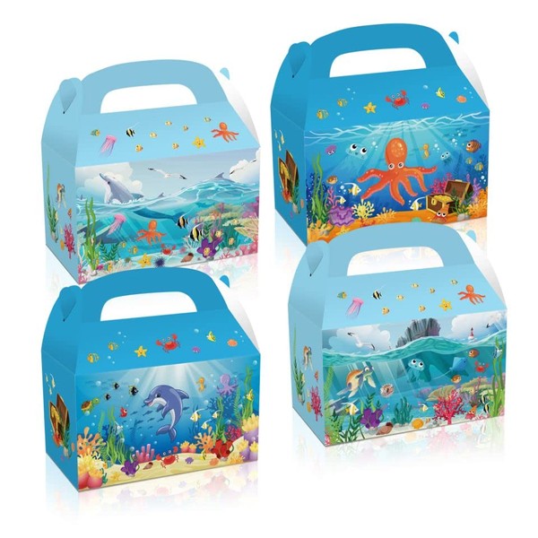 QYCX Marine Party Decorations-12 Pcs Marine Candy Boxes-Sea Animal Gift Boxes-Ocean Life Animals Candy Bags Marine Animals Party Favor Treat Boxes with Handle, Starfish Goldfish Fish Whale Crab Octopus Gift Bag Cardboard Sugar Candy Chocolate Bag Holders