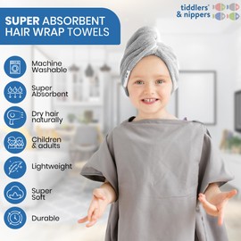 tiddlers & nippers Super Absorbent Hair Wrap Twist Towels | 65x25cm Large Turban with Button & Elastic Fastening for Women & Kids (Grey)