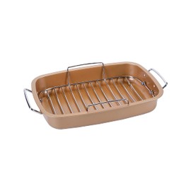 Heavy Gauge, Carbonized Steel, Commercial Kitchen Grade Copper Non-Stick Roaster with Chrome Floating Rack for 22 lb Turkey by Elle Gourmet