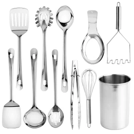 COOK WITH COLOR Kitchen Utensil Set - 10-piece premium Nonstick & Heat Resistant Kitchen Gadgets, Turner, Spaghetti Server, Serving Spoons, Whisk, Tongs, Masher & Utensil Holder, Stainless Steel