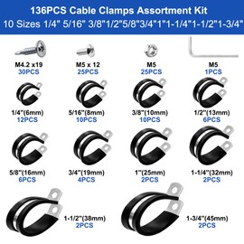 Taiss 136PCS Cable Clamps Assortment Kit 304 Stainless Steel Rubber Cushion Pipe Clamps 10 Sizes 1/4" 5/16" 3/8" 1/2" 5/8" 3/4" 1" 1-1/4" 1-1/2" 1-3/4" Metal Wire Clamps (with Two Kinds of Screws)